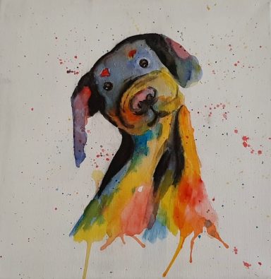 Buntes Aquarell eines Hundes mit großen Augen und einer verspielten Haltung.