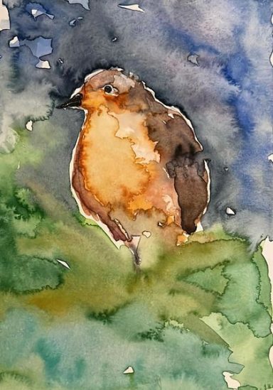 Ein Aquarell eines kleinen Vogels mit orangefarbenen und braunen Farbtönen.